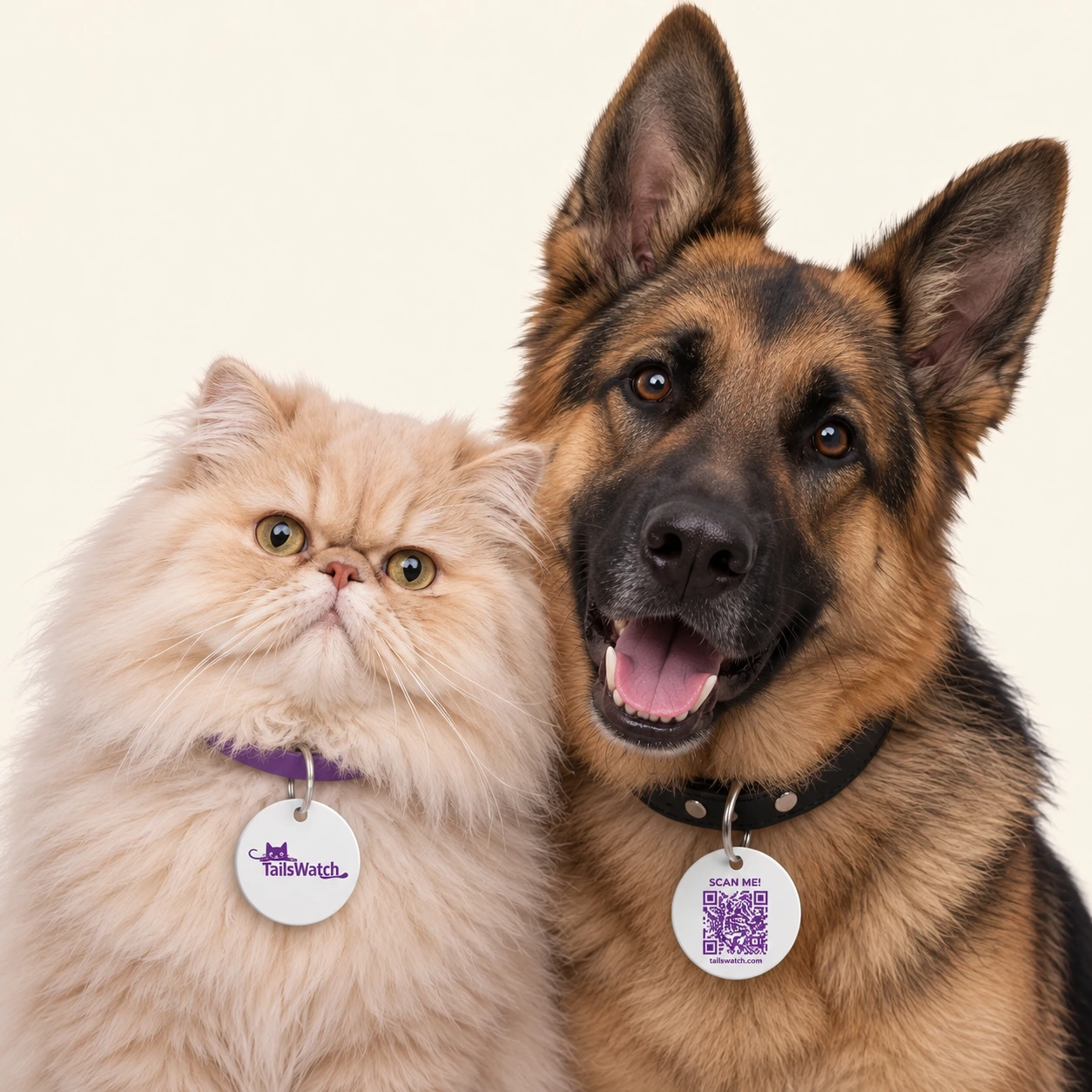 Cream Persian cat and German Shepherd wearing TailsWatch ID tags